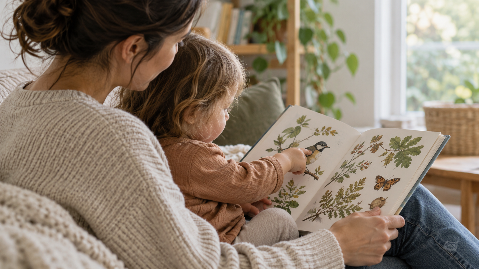 Родитель и ребёнок рассматривают книгу о природе